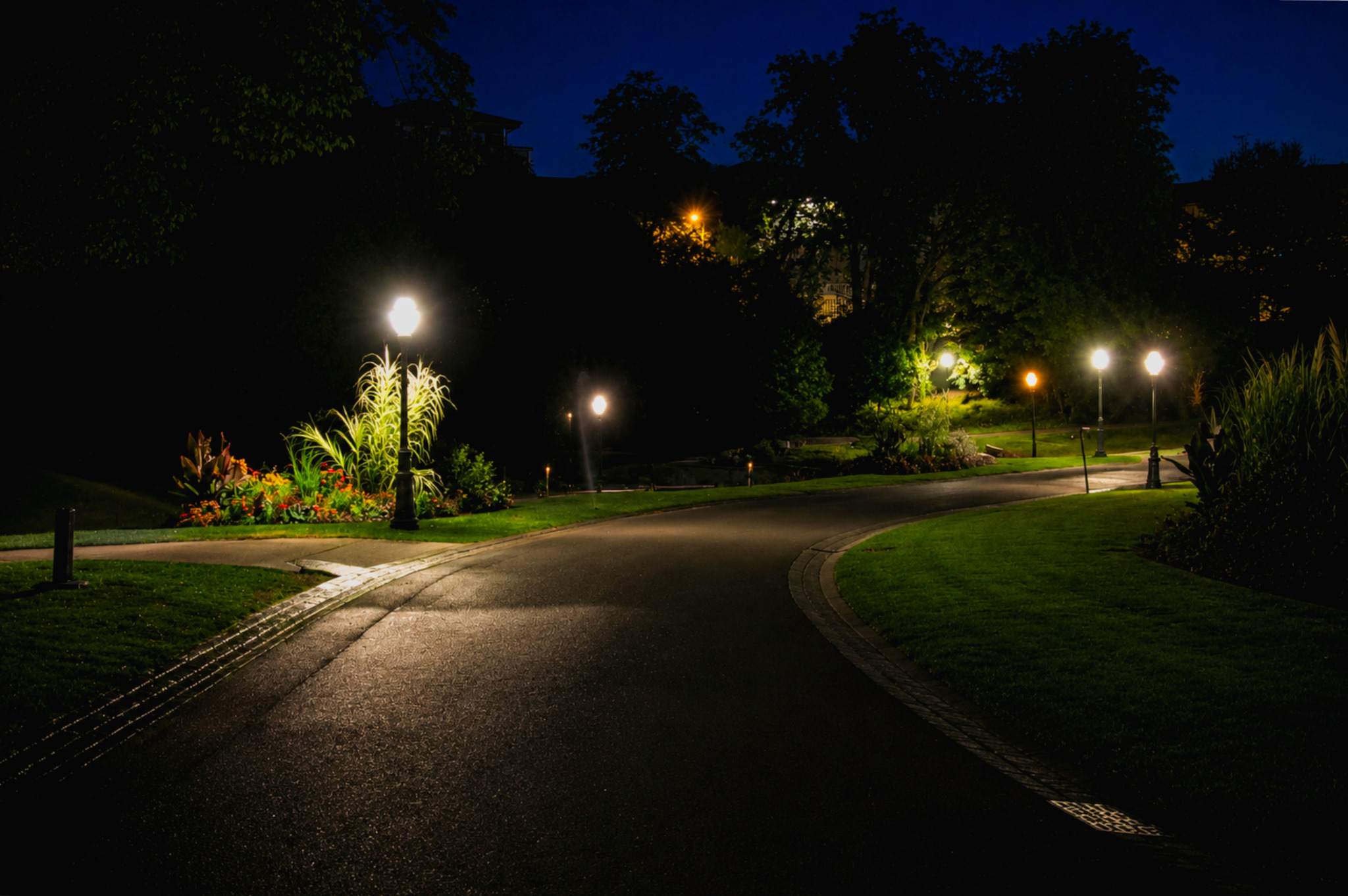 Allée éclairée du jardin public de Cognac la nuit