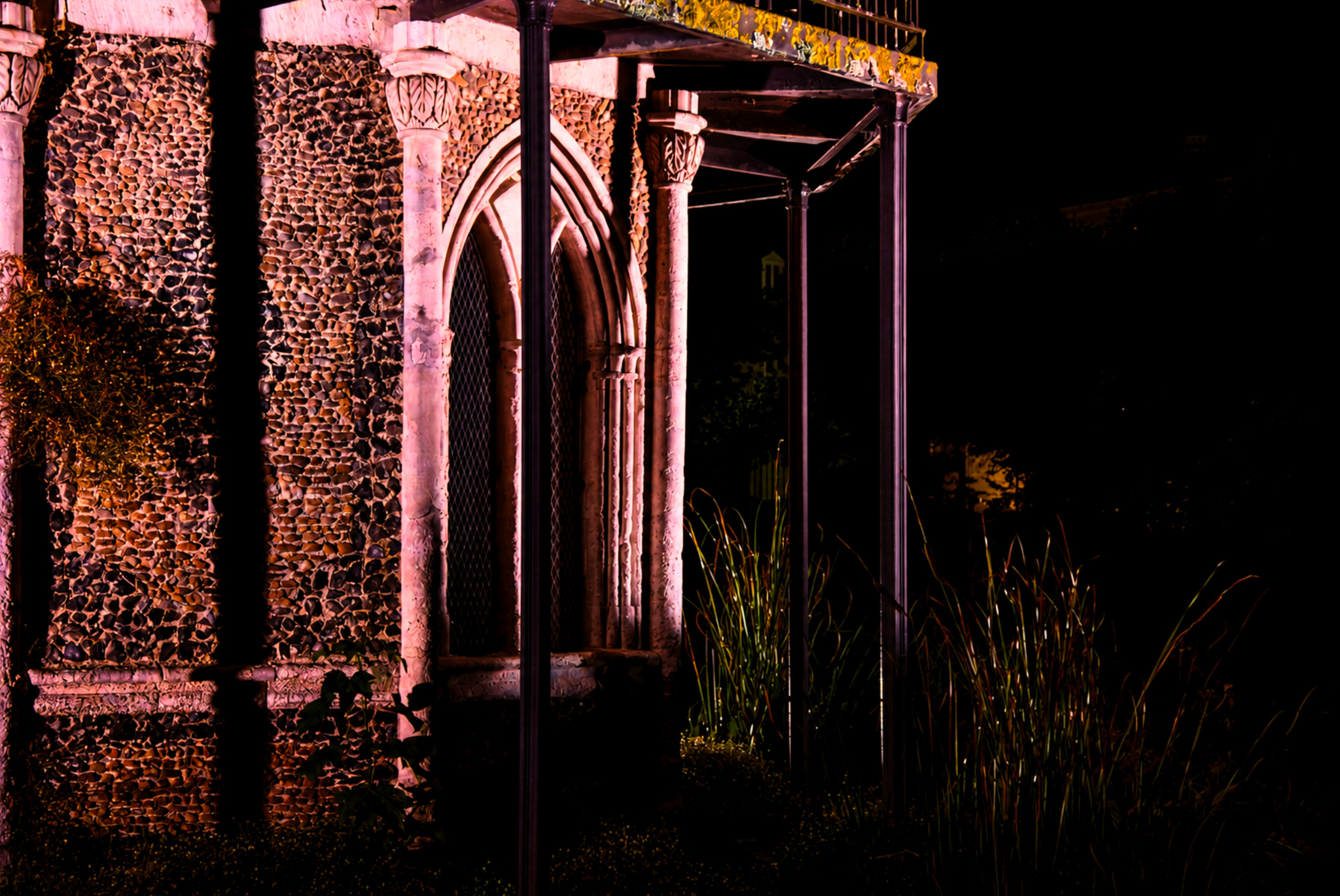 Porte et colonnes de la tour gothique illuminées en rose