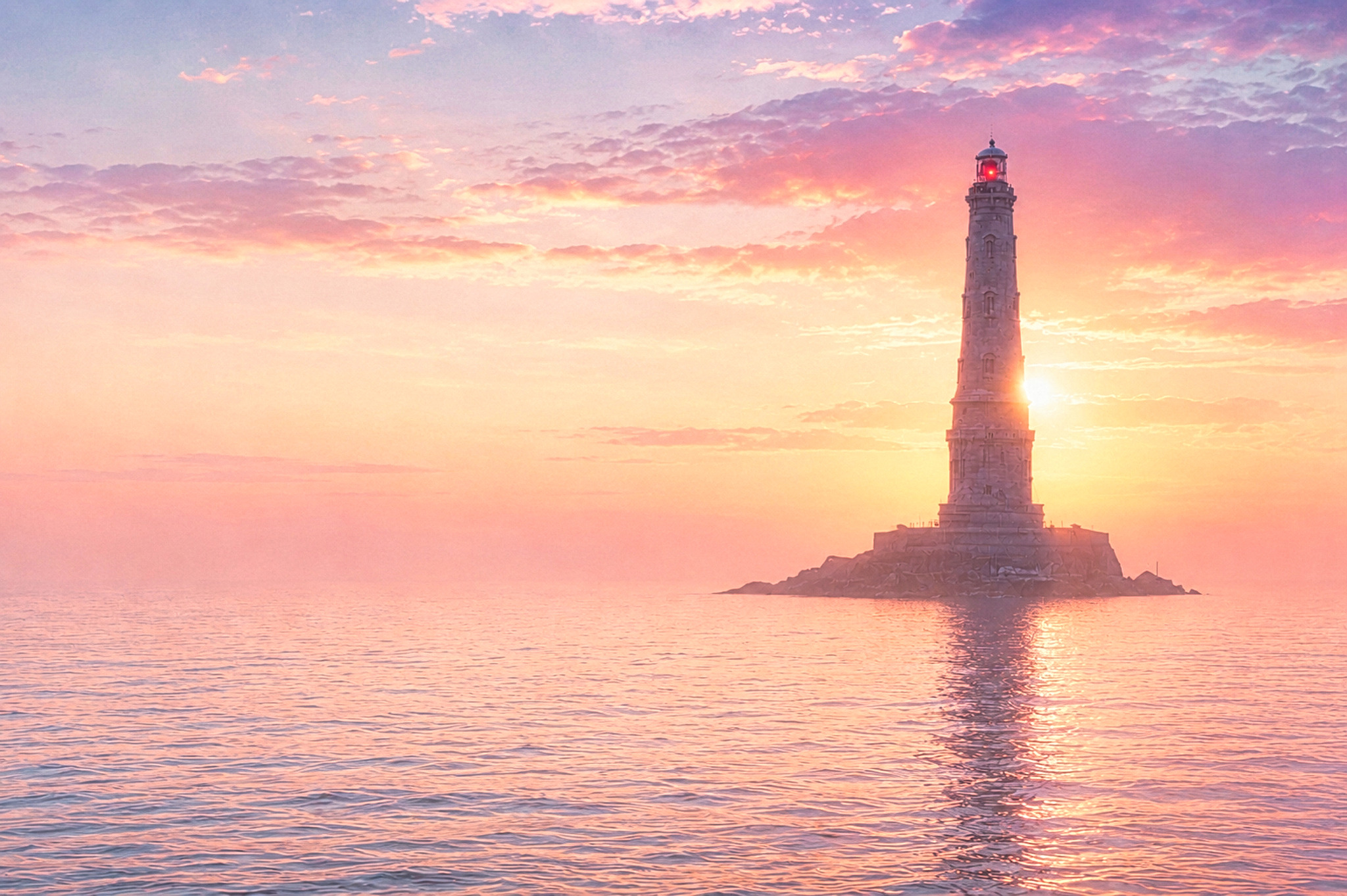 Phare solitaire au coucher du soleil